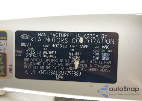 2021 Kia Soul S z USA, uszkodzony, nr VIN KNDJ23AU3M7753889